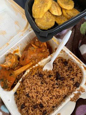 Stew Chicken, Arroz Con Habichuelas, and Tostones