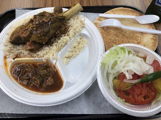 Lamb shank with stewed okra, pita & salad. Ibrahim put a Serrano pepper on my salad!