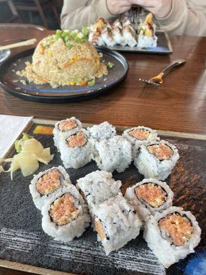 Chicken fried rice, spicy tuna roll, checken tempura roll