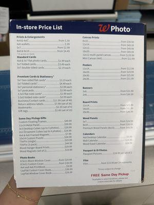 Photo Dept Menu/Costs