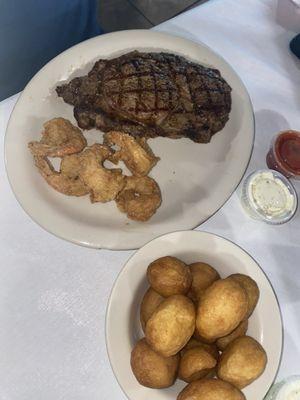 Steak, side of shrimp and roasted potatoes