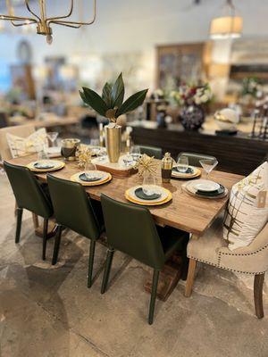 Beautiful solid wood dining table + green leather accent chairs