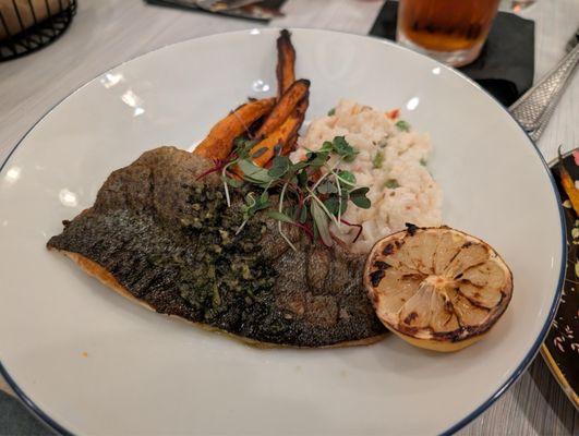 Cast iron trout, crab risotto