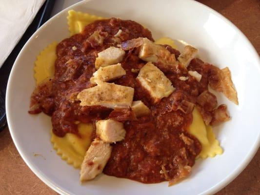 "Build Your Own" with Ravioli, Meat Sauce, Chicken, and Bacon.