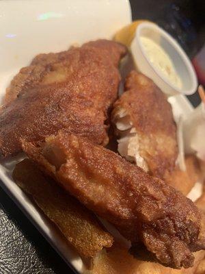 My OVER FRIED fish & chips. This is a pub, this is " fast food " quality. Pretty bad & tasted terrible, like grease.