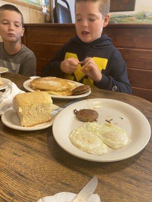 Pancakes, eggs, sausage, and HUGE biscuit