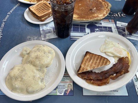 Senior plate (r) and single sausage gravy biscuits from the regular menu