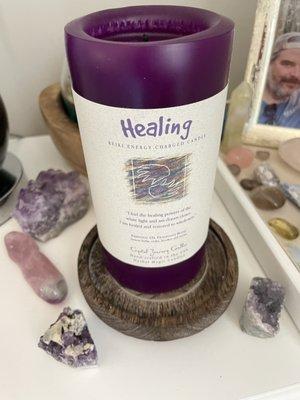 New healing candle and amethyst clusters for my bedside table.