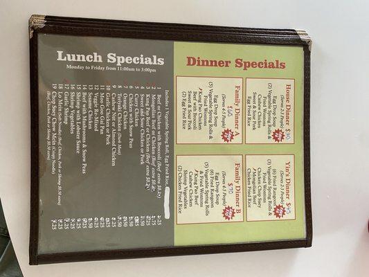 Back of menu