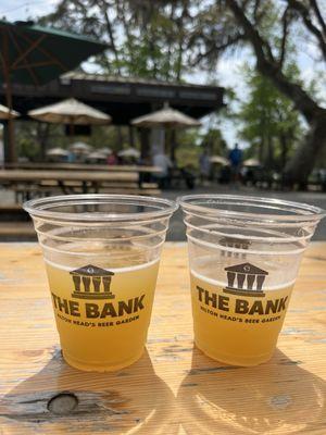 Beers on picnic tables