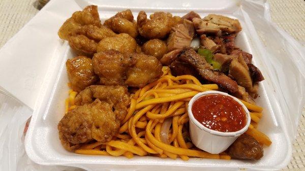 Spicy Bourbon Chicken, Orange Chicken, Noodles (CHINESE GHETTO GOURMET)