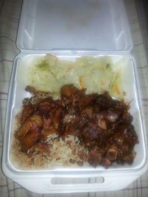 Oxtails, Rice & Peas, Plantains & Cabbage.