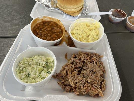 Awesome BBQ pork plate with three sides!