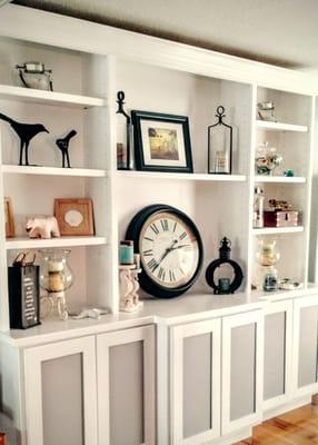 Custom built in shelving created by Adrienne's Dime Décor!