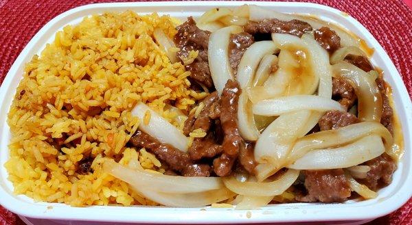 Pepper Steak with Onions, Pork Fried Rice and Egg Roll (not pictured). A personal favorite. Delicious!