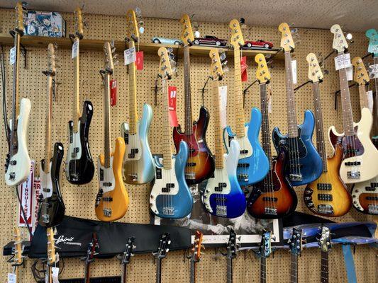 Fender Left-handed Guitars wall at Southpaw Guitars.