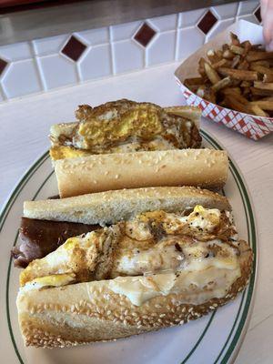 Kielbasa egg and cheese sandwich on a long roll