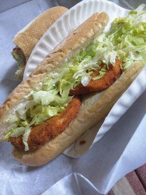 Large chicken cutlet is 2 frozen chicken patties, halved, on a sub roll for $8. Easy 1 star.