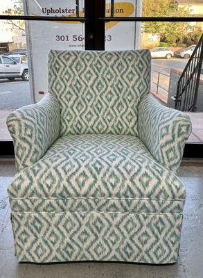 Skirted Club Chair Reupholstered in a Teal Ikat Fabric