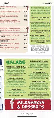 Menu showing salads