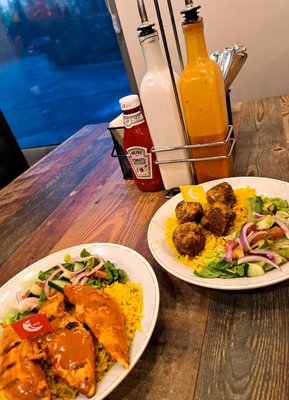 Chicken and falafel bowls