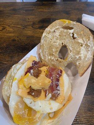 The worst bagel I have ever had in New York.  Slathered in butter and Mayo. $8 for this? Yuck