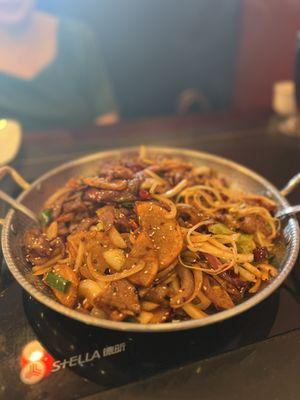 Spicy Sliced Beef in Dry Pot ($27.99) + potato slices, pig's large intestine, quail eggs, enoki mushrooms