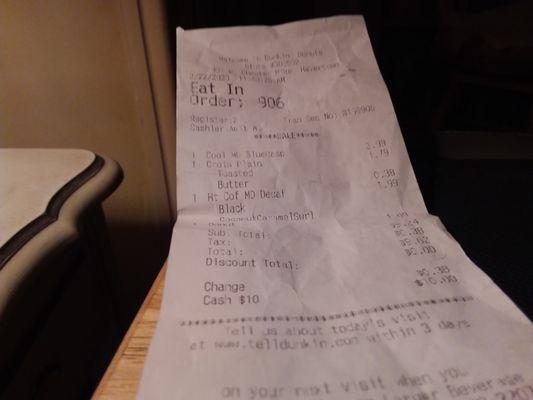 My Dunkin' hot coffee receipt.