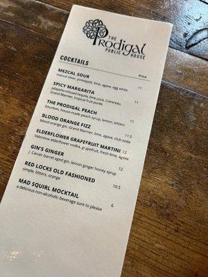 Cocktail menu