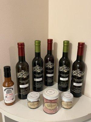 Recent haul! Oils, vinegars, salts and hot sauce.