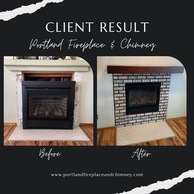 Before & After on this new majestic fireplace with a new slim brick and custom mantel!