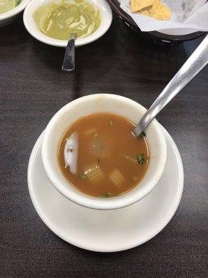 Complimentary vegetable soup prior to meal.