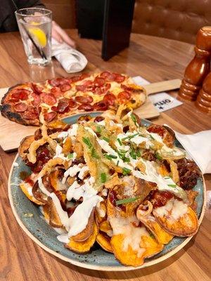 Sweet potato nachos, flatbread Old School Pepperoni