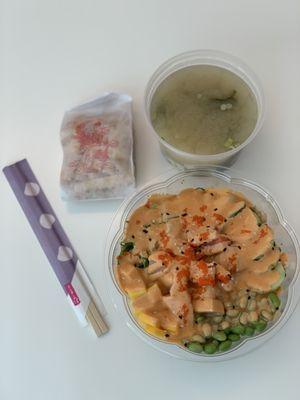 Rainbow Poke Bowl (~$17) with a side (miso soup) + wonton chips