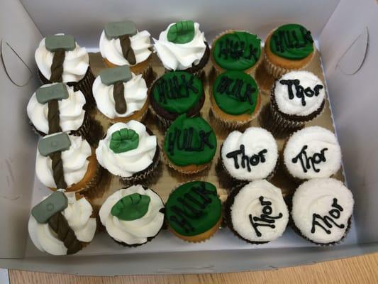 The wonderful Thor and Hulk cupcakes for my grandson, Patrick, delivered to his school as a wonderful surprise.