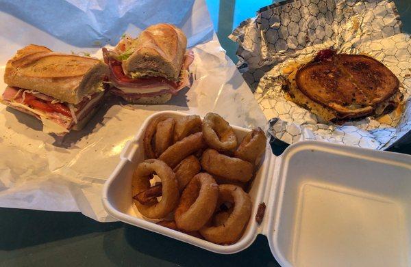 Italian sandwich (aka hoagie aka grinder), reuben, onion rings