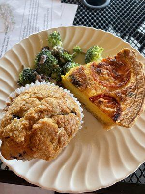 Quiche, broccoli salad, blueberry muffin