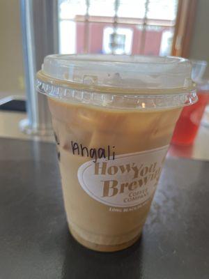 Iced caramel almond milk latte