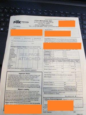 Bill of lading with final billing and breakdown.