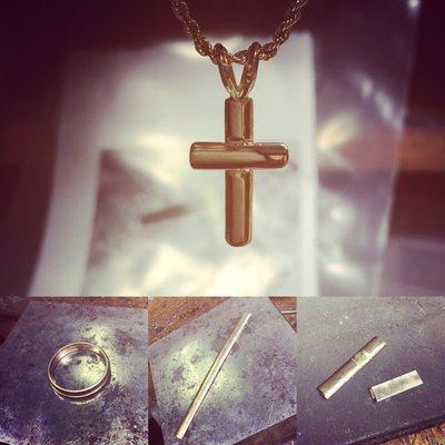 Get way to remember a loved one.   Took his ring and made a cross out of it for her.