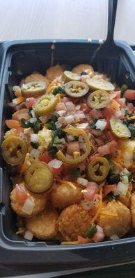 Potato Oles scrambler with beans substituted for meat, and added jalapeños slices and pico de gallo.