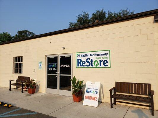 The front entrance of the ReStore. Which is located at 6241 Jackson Rd, Ann Arbor, MI 48103 and open to the public Tuesday-Saturday 10am-6pm