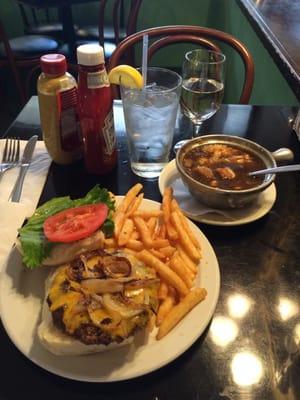 French Onion Soup ,a Cheeseburger and French Fries. No Discernible Taste from the Cheese& Onions on my burger on soup