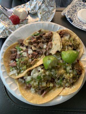 Carnitas and lengua tacos