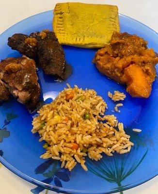 Jerk chicken and pork. Jollof rice. Candies yams. Jamaican beef patty.