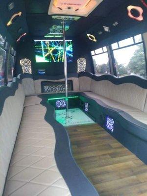 Inside of our black party bus