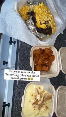 Turkey leg, Mac & cheese, candied yams, banana pudding