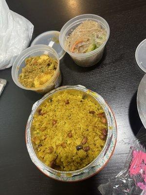 Potato and broccoli, stir fry vegetables noodle, indian peanut and curry rice