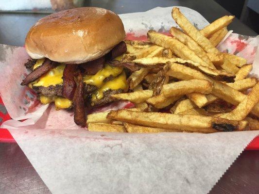 Double bacon cheese burger and fry