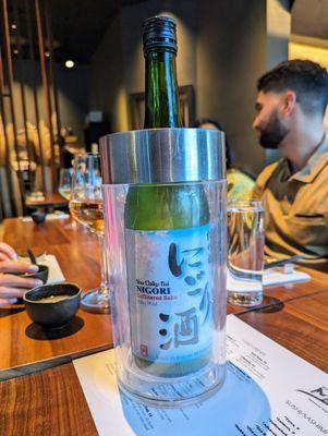 Large Sho Chiku Bai Nigori Unfiltered Sake. 750 mL bottle for $33. "Silky mild" and creamy.